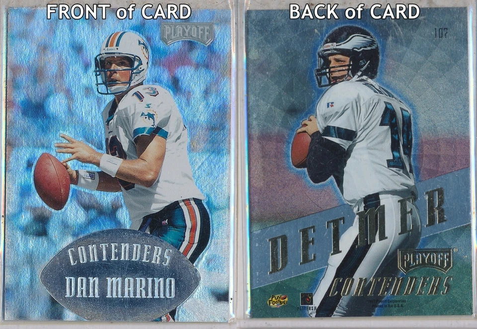 Карта Playoff Contenders 1997 ОШИБКА ДАН МАРИНО спереди и ЗОЛОТАЯ (1/1) TY DETMER сзади - Изображение 1 из 1