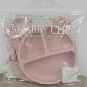 Silicone Baby & Toddler Meal Set SHABBY CHIC BPA Free 3 Pcs Bib Plate Fork Pink - Picture 1 of 3