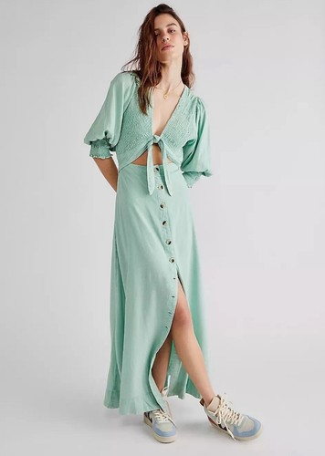 PALM ANGELS Free People Vestito Donna Stringa di Cuori Verde Stampa Maxi Buttondown Tg S Nuovo