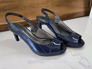 LifeStride Blue Patent Comfort Heel Pumps Peep Toe Slingbacks Size 8.5 - Picture 1 of 6