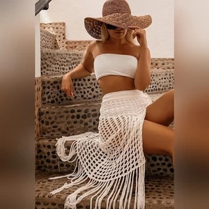 Weißer Häkel Fransen Rock Preppy Coquette Sommer Cottagecore Coverup M (#1.257) - Bild 1 von 5