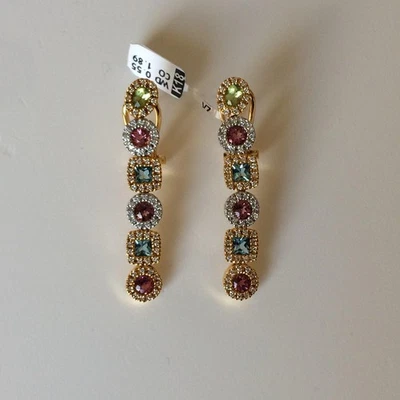 Elegant 18k Bicolor Gold Earrings Diamond Topaz Tourmaline Peridot | Greek - Image 1 of 4
