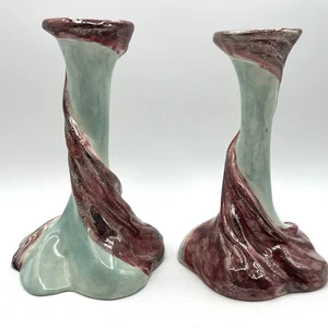 Vtg Heidi Schoop California Pottery Candle Holders Blue Pink Glitter Hollywood - Picture 1 of 10