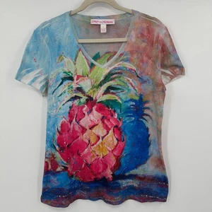 Leoma Lovegrove Pineapple Art V-Neck T-Shirt Women's XL Short Sleeve Graphic Tee - Picture 1 of 8