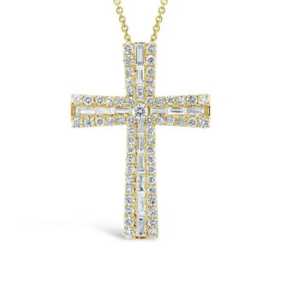 Collar Colgante Cruz Diamante Oro Amarillo 14K Baguette Corte Redondo 1.00CT Natural Foto 1 de 3
