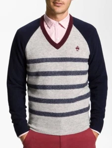NWT BROOKS BROTHERS SzXL LAMBSWOOL V-NECK STRIPES PULLOVER SWEATER HEATHER GREY - Picture 1 of 2