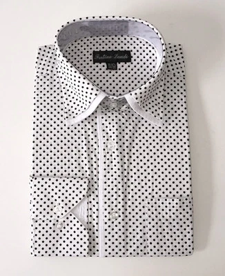 Camisa de vestir de algodón de moda a lunares mini para hombre #617 blanca y negra Foto 1 de 4