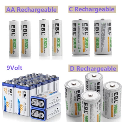 EBL Lot  C D Size 9V Battery 6F22 Ni-MH/Li-ion Rechargeable Batteries USA - Image 1 of 4