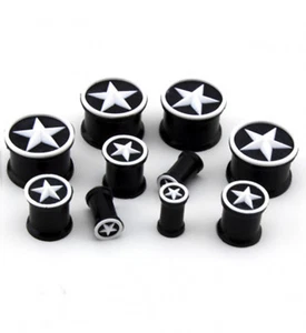 PAIR-Flexi Star White on Black Double Flare Silicone Ear Plugs 06mm/2 Gauge - Picture 1 of 4