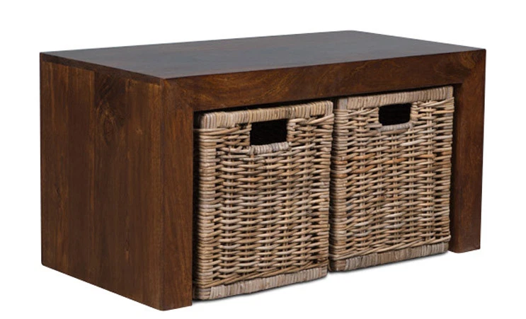 TRADE FURNITURE COMPANY SOLID MANGO WOOD DAKOTA SMALL OPEN COFFEE TABLE RATTAN WICKER BASKETS NEW