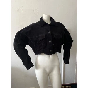 Shinestar cropped Cut Off black stretchy fringe Boxy corduroy jacket size Medium - Picture 1 of 15