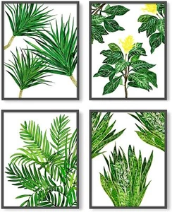 Botanical Wall Art Decoration - Prints Set of 4 Green Leaf Tropical Plan (8X10") - Picture 1 of 7