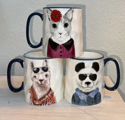 Set of 3 SIGNATURE Animal Stoneware Coffee Tea Cups/Mugs: Cat, Panda & Llama - Image 1 of 4