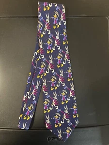 Looney Tunes 1996 Daffy Ducks & Bugs Bunny Navy Blue Tie 100% Silk - Picture 1 of 3