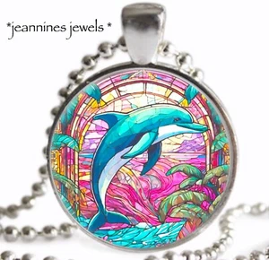 Dolphin NECKLACE Pink Summer Faux Stained Glass Art Print Silver Charm Pendant - Picture 1 of 13