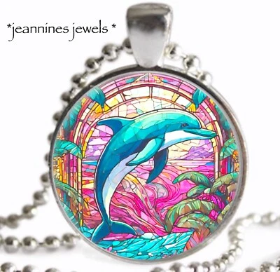COLAR GOLFINHO rosa verão vitral falso impressão arte pingente berloque prata - Imagem 1 de 4