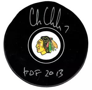 Chris Chelios Signed Chicago Blackhawks Puck w/ HOF 2013 Beckett Witness BAS COA - Picture 1 of 2
