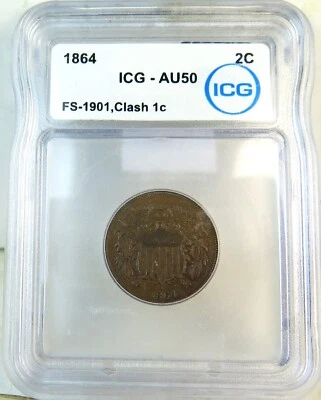 1864 2 cent piece ICG AU50 *FS 1101 clash w/ 1cent* BR - Image 1 of 3