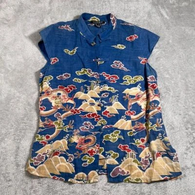 Блузка женская CITRON средняя синяя льняная Santa Monica дракон азиатская на пуговицах - Изображение 1 из 4