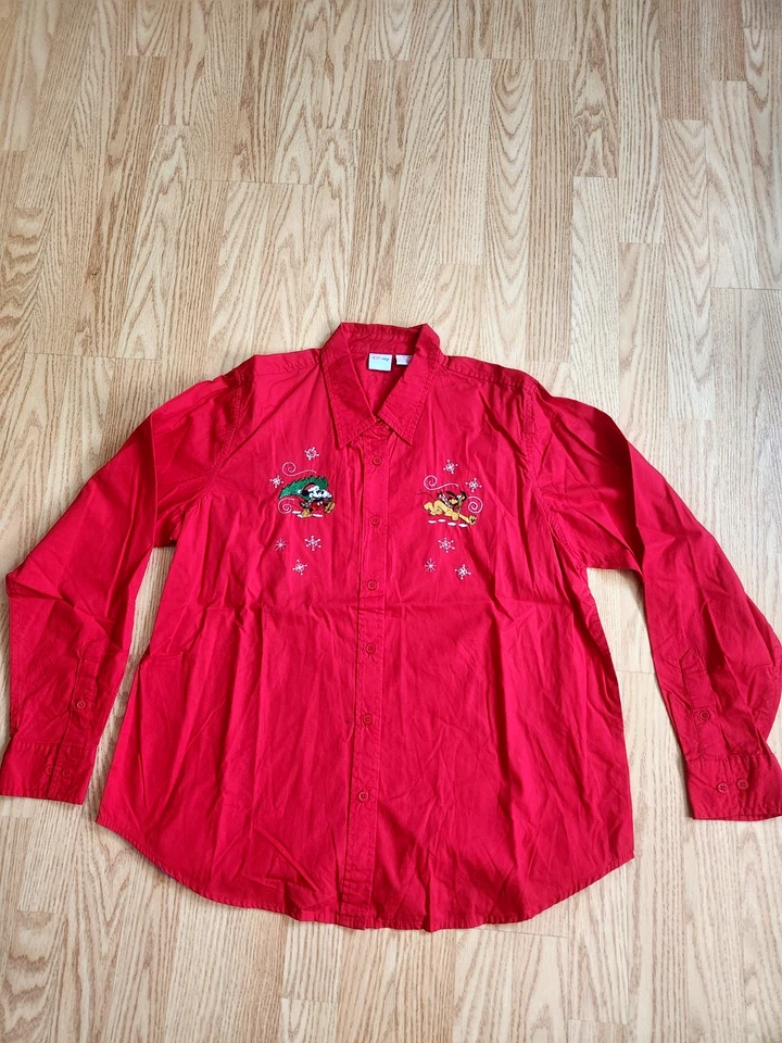 Camisa de Vestir Disney Navidad Bordada Roja Manga Larga Mickey Pluto Talla XL Foto 1 de 4