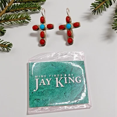 NEW Jay King DTR 925 Sterling Silver Red Coral & Turquoise Cross Drop Earrings - Image 1 of 4