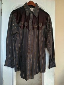 Vintage 70's Dee Cee Western Shirt Black and Gold Pearl Snap USA Unisex Medium - Picture 1 of 12