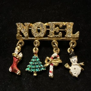 Christmas Noel Brooch Dangle Charms Enamel Rhinestone Brooch Vtg (Lot# 510) - Picture 1 of 6