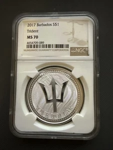 2017 Barbados $1 Trident 1 oz Silver Coin MS70 NGC - Picture 1 of 2
