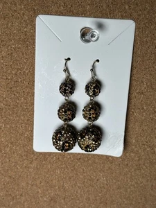 Gold And Black Leopard Print Drop Earrings -3 Round Balls -Free Shipping - Picture 1 of 1