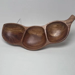VTG Pea Pod Hand Crafted 3 Section Divided Serving Tray Wood MCM Monkey Pod - Picture 1 of 12