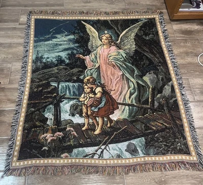 Manta tapiz tejida vintage Angel Guardian niños decoración del hogar 54x44 Foto 1 de 2