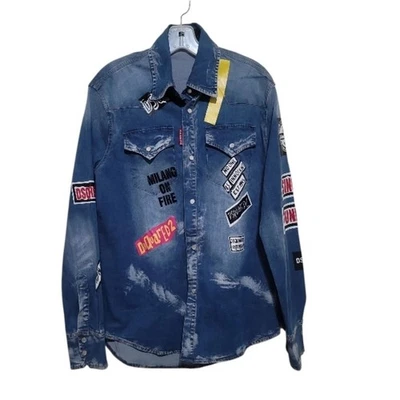 Camisa Denim DSQUARED2 Hombres Estampada Gráfico Logo Monograma Botón Frontal Talla Grande Foto 1 de 4