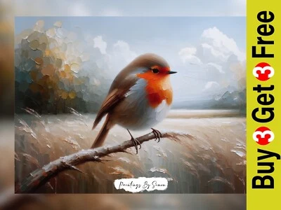 Autumn Robin Perch, impressão de pintura a óleo 5"x7" em papel fosco - sereno - Imagem 1 de 4