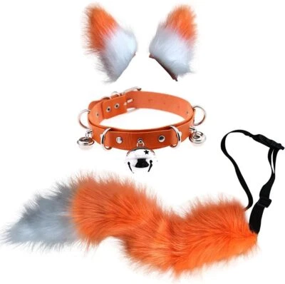 3Pcs Halloween Cat Ears Hair Clip Furry Wolf Fox Tail Neck Chocker Role Play Set - Image 1 of 4