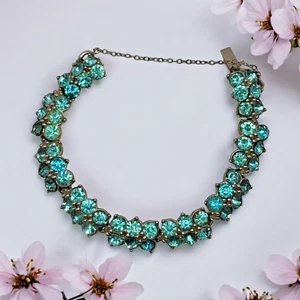 Vintage Aqua Rhinestone Bracelet – Cluster Style with Safety Chain – Mid-Century - Picture 1 of 7