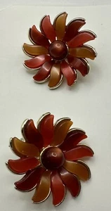 Pendientes Lisner Clip On Naranja Rojo Lucita Flor Vintage - Imagen 1 de 8