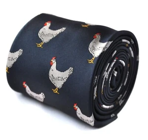 Mens tie navy dark blue with chicken embroidered design-er by Frederick Thomas - Picture 1 of 4