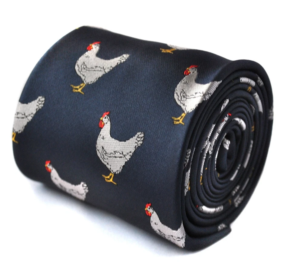Mens tie navy dark blue with chicken embroidered design-er by Frederick Thomas