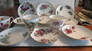 ENGLISH BONE CHINA 3 TEA CUPS AND 9 ODD SAUCERS VINTAGE Mixed Brands - Picture 1 of 10