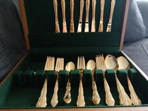 Vintage International Silver Company Gold Tone Silverware Set & Storage Box NICE - Picture 1 of 23