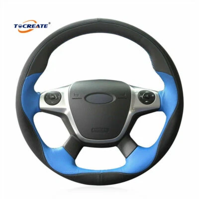 DIY Black Blue Leather Steering Wheel Cover for Ford Focus Escape C-MAX #12XB - Image 1 of 4