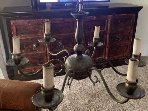 Antique VICTORIAN Brass chandelier 6 arms 24” X 12” Original Patina Vintage Cover