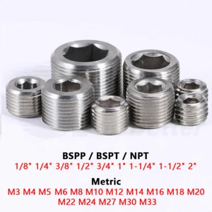 Stainless Steel Internal Hex Male Blanking Plug with BSPP BSPT NPT Metric Thread - Picture 1 of 67