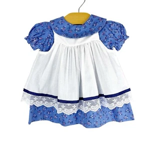 Vintage Polly Flinders Floral Lace Pinafore Dress Blue White Size 6-12 Months - Picture 1 of 16