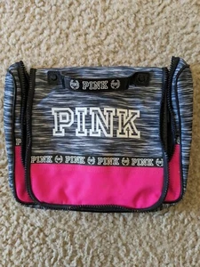 Victorias Secret PINK Make Up Case Gray Heathered Pink Hanging Mesh Inside - Picture 1 of 3