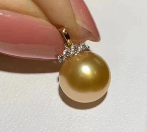 Nice AAAA 14mm Perfect Round Gold South Sea Shell Pearl Pendant 14k gold pendant - Picture 1 of 4