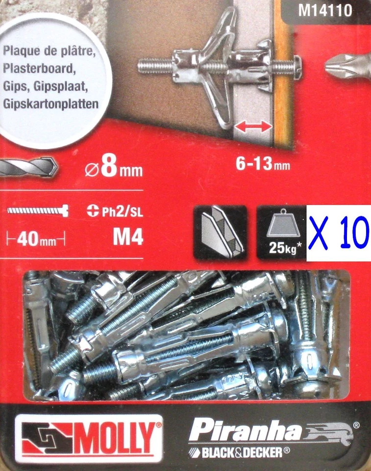 BLACK AND DECKER 10 B & D Molly M4 Metal 33mm Cavity Wall Fixing Plasterboard Hollow Anchor Plugs
