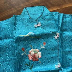 Vintage NEW Teal Pajamas Pant Suit Chinese Embroidered Flower NWOT Pink - Picture 1 of 7