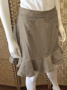 Valleygirl Vintage Brown Tartan Knee Length Pencil Skirt Ruffle Hem. Size 12 - Picture 1 of 12