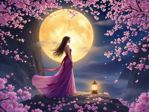 Woman in a Gown Full Moon Cherry Blossoms Poster Art Print 18 x 24 in E - Picture 1 of 1